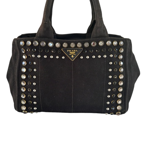 Authentic PRADA Triple Studded Black Denim Canapa Mini Tote Bag - Picture 3 of 14